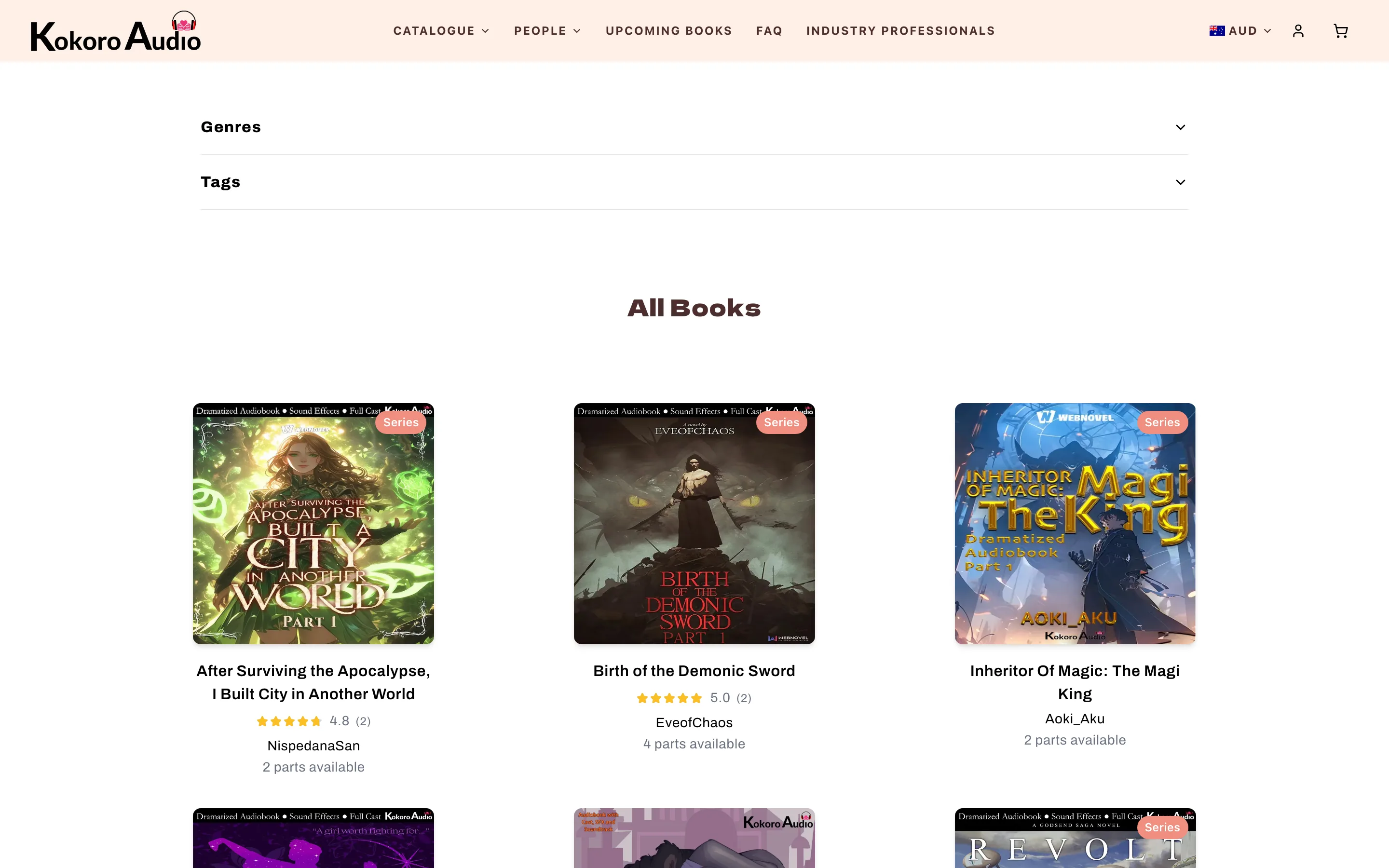 Kokoro Audio website — The catalogue, filterable by genre, tag, voice actor, and author