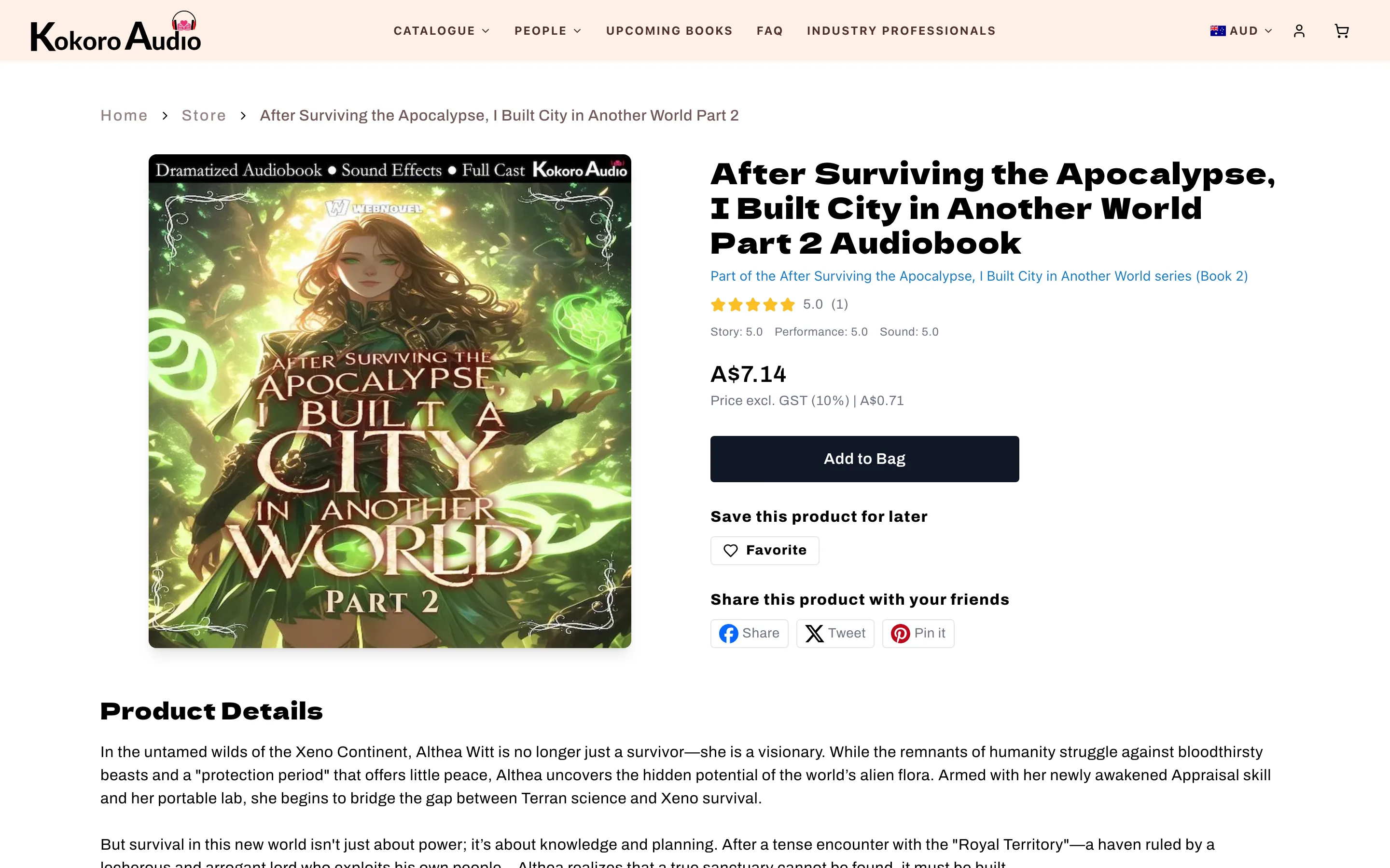 Kokoro Audio website — A title page with ratings, samples, and GST-aware pricing