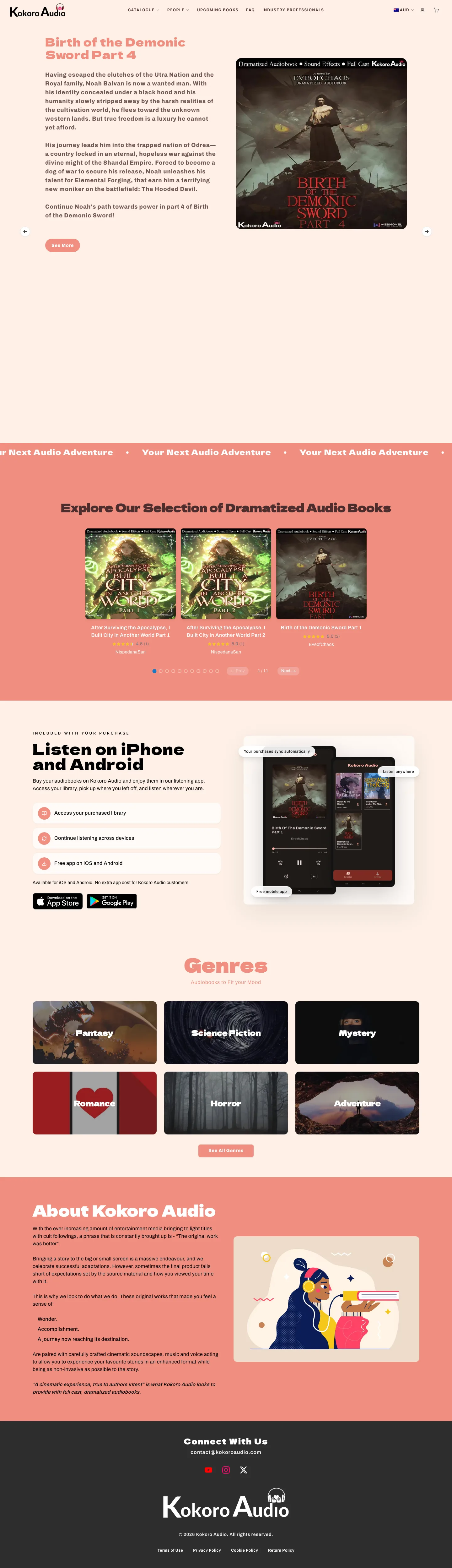 Kokoro Audio website — full page